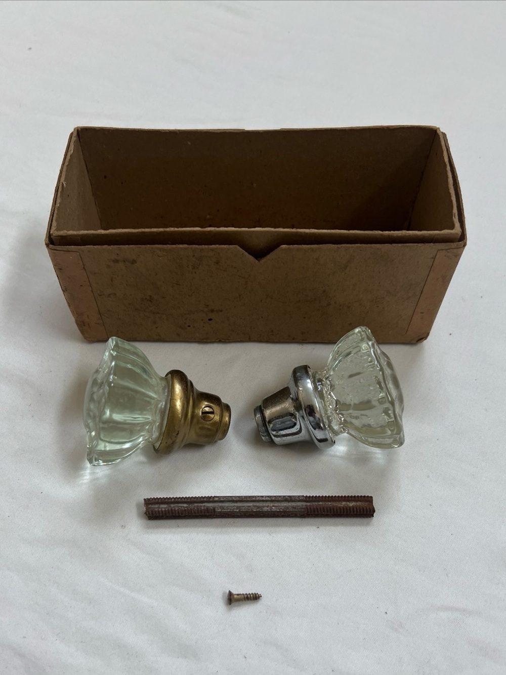 Glass Door Knobs (2) 12 Point Clear Solid Vintage About 3.5" Long Hardware Screw